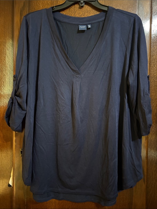 Kaari Blue Tops - Kaari Navy V-Neck Roll-Tab Sleeve Tunic